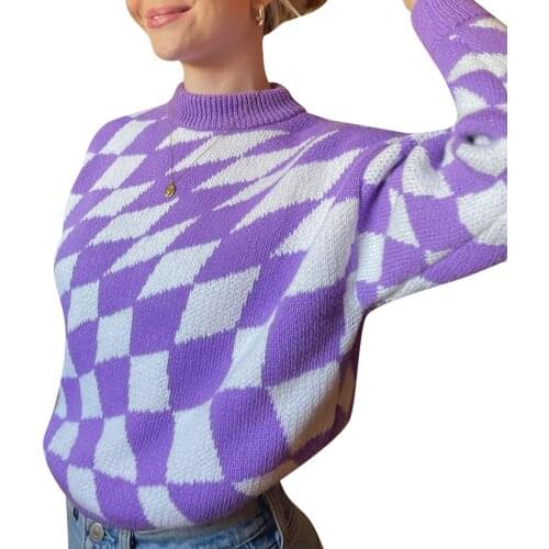 Women Loose Style Sweater, Rhomboid Pattern Round Collar Long Sleeve Knitwear, Purple/ Green