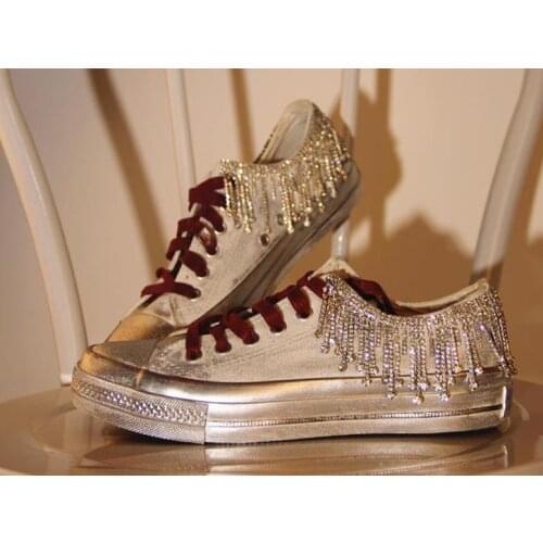 Tide brand retro old silver white shoes tassel gem crystal canvas shoes European station tide