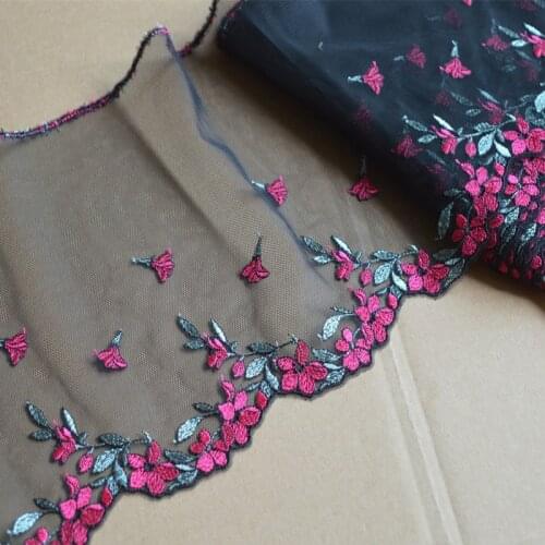 15YDS Black Mesh Rose Sliver Mixed Flower Embroidered Scalloped Tulle Lace 19cm Width Wedding,Skirt,Garment,Undergarment