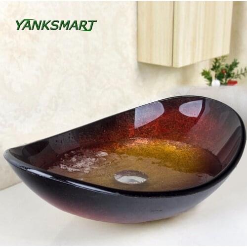YANKSMART Oval Artist Tempered Glass Bathroom Designer Vessel Sink Basin Bowl With Pop Up Drain