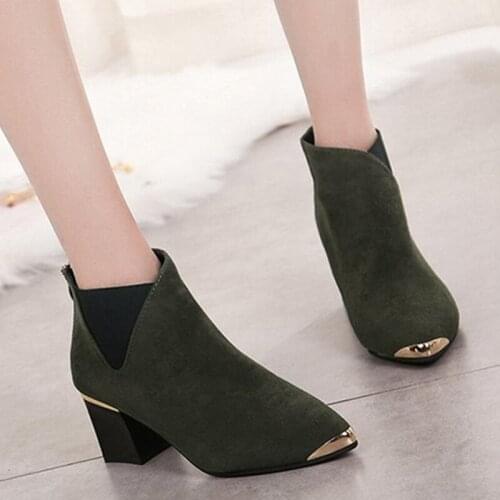 2020 New Womans Ankle Boots Women High Square Heels Flock Zip Shoes Female Pointed Toe Metal Decoration Botas