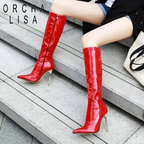ORCHA LISA Women High Boots Black Red White Knee High Boots Sexy High Heels Women High Knee Boots Womens Shoes Large Size 48