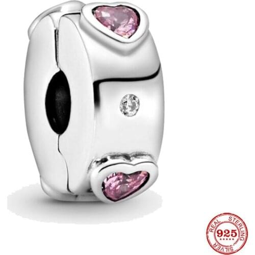 2021 Hot New 925 Sterling Silver Sparkling Pink Heart Clip Charm Fit Original Pandora Bracelet Diy Women Jewelry