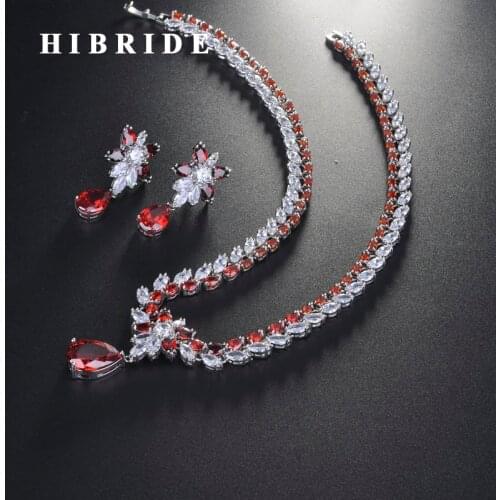 HIBRIDE Elegant Flower Design Red Cubic Zircon Jewelry Sets For Women Bridal Wedding Accessories Fashion Jewelry Wholesale N-717