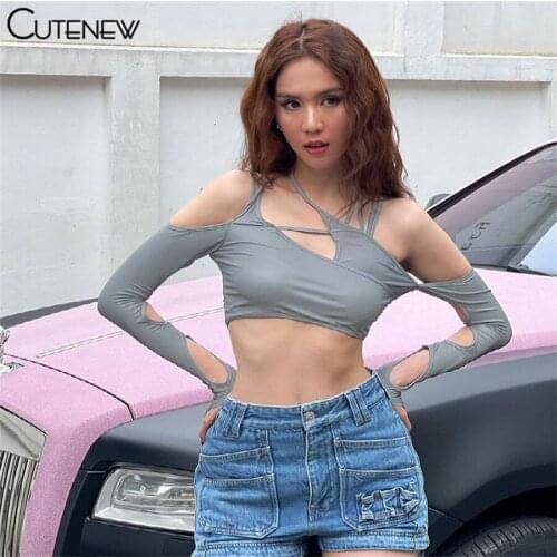 Cutenew Solid Sexy Hollow Out Long Sleeve Strap Crop Tops Women Casual Slim T-Shirt Streetwear Summer All-Match Skinny Lady Tees