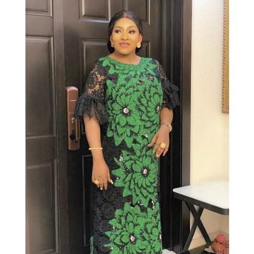 Plus Size Womens African Dress Hot Diamond Lace Green Big Lotus Wax Cloth Loose Waist Long Dress