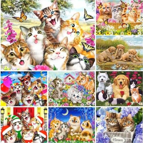 5D Cute Animas Diamond Embroidery Home Decor Happy Dog Cat Group Diy Diamond Painting Full Square Round Rhinestone Mosaic Art