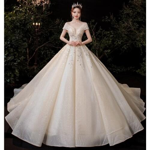 Glitter Sequins Fabric Deep V-Neck Luxury New Wedding Dresses Puffy Skirt Royal Train Bridal Bride Ball Gown Plus Sizes 2021