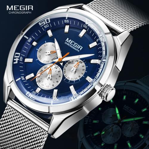 MEGIR Men Watches 2020 Luxury Tp Brand Leather Quartz Watch Fashion Wrist Watches for Men Mesh Band Waterproof Watch Date Week