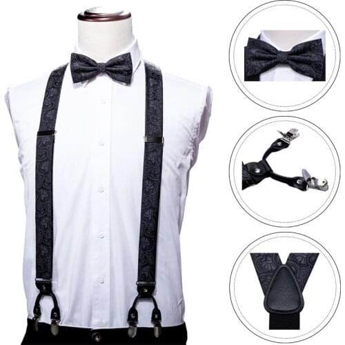Black Paisley For Men Suspenders Shirt Bow Tie Hanky Set Woven Y-Back Silk Suspender No-slip Silver Clips Barry.WangBB-2005