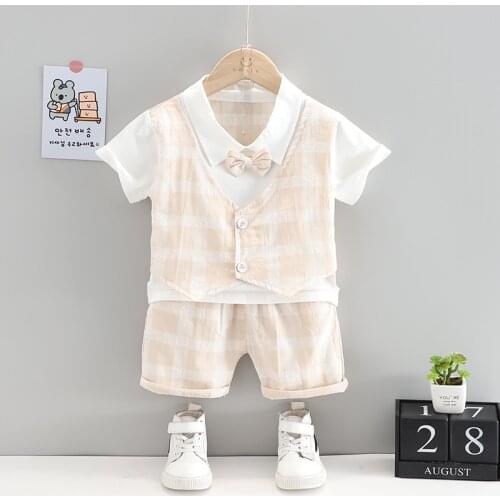 Childrens Clothing 2021 New Summer Fashion Boys Bow Tie Suit Male Baby Plaid Vest Short-sleeve Shorts Two-Piece Suits 1-5 Years
