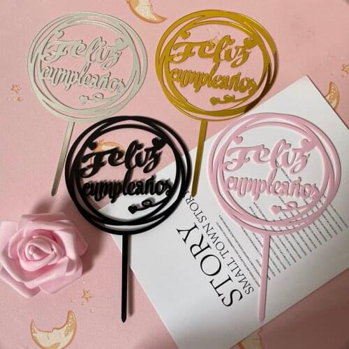 Spanish Acrylic Birthday Cake Toppers Rose Gold Round Love Cake Toppers for Children Birthday Party Cupcake Decorations Supplies