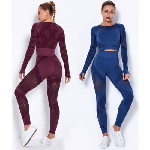 Two Piece Set Seamless Knitted Long Sleeve Womens Tracksuit Outfit Fitness Gym Sport Suits Workout Streetwear Summer Clothes