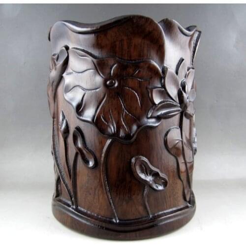 Beautiful Chinese Classical Handmade HuaLi Wood Carved with Lotus Brush Pot
