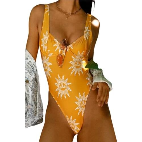 Hot Summer Women Floral/Sun Print Bodysuit Swimsuit Straps Low-cut Sleeveless Backless Padded Swimwear Slim Bathing Suit