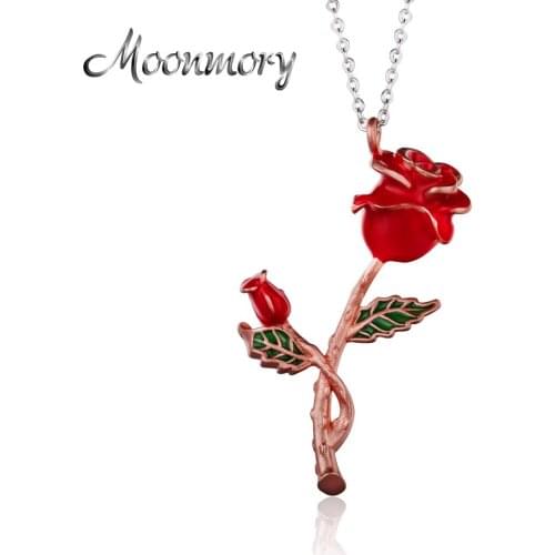Moonmory 2021 New Arrivals 925 Sterling Silver Colorful Enamel Rose Flower Pendant Blooming Necklace For Women Party Jewelry