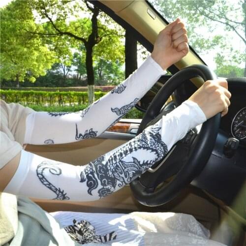 Mens Cool Ice Silk Chinese Dragon tattoos Sleeve Sunscreen Fingerless Gloves Women Long Cuff Arm Driving Sport Gloves Army G216