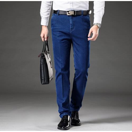 2021 autumn and winter new Mens high waist business casual jeans Fashion classic straight leg stretch denim trousers men