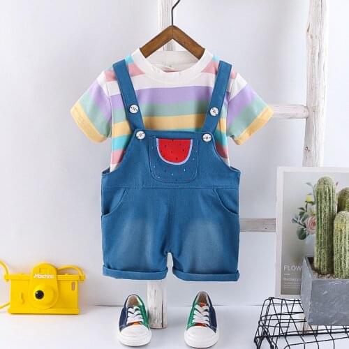 Girls Outfits Kids Clothes 2021 New Short Sleeve Suit Striped Short Sleeve + Watermelon Strap Suit