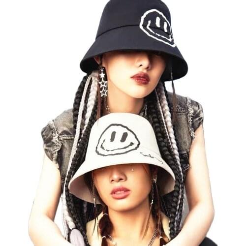 Women Casual Cotton Floppy Foldable Travel Bucket hat Basin Cap Smile printed Hip hop Panama gorros