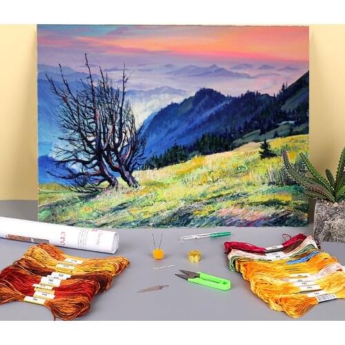 Landscape Quiet Evening Printed Water-Soluble Canvas 11CT Cross Stitch Complete Kit DIY Embroidery DMC Threads Package