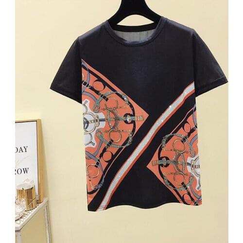 Plus Size T Shirt for Women 2021 Summer Wear Heavy Industry Hot Drilling Retro Short Sleeve T-shirt Ladies Tops Ropa Mujer