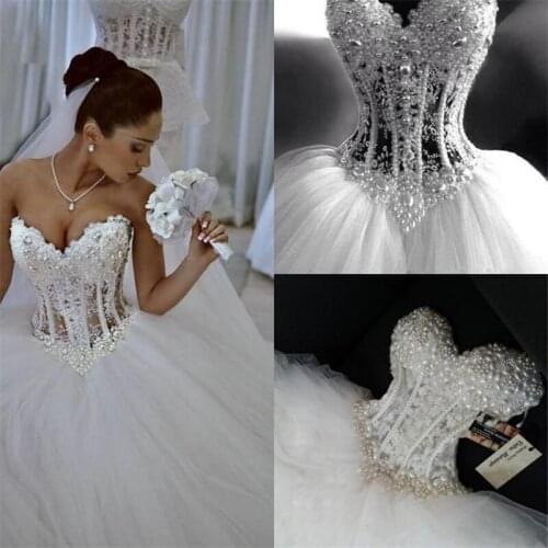 Luxury Pearls Wedding Dress A Line Illusion Beads Lace Appliqued Summer Beach Bridal Gowns Sweetheart Lady Marriage Dresses