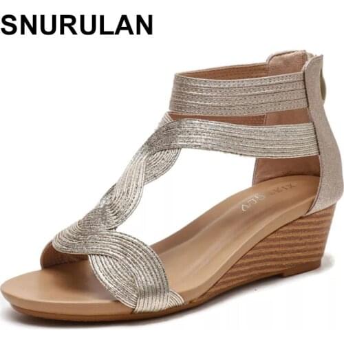 SNURULAN 2021 Summer Women Sandals Flats Casual Gladiator Sandals Fashion Bling Gold Silver Knitted Beach Wedges Shoes Women