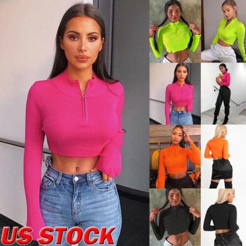 Spring Autumn Womens Zipper Cropped Navel Long Sleeve Sweatshirt Kinttes Solid Color Sexy Slim Top Turtle Neck HIgh Street