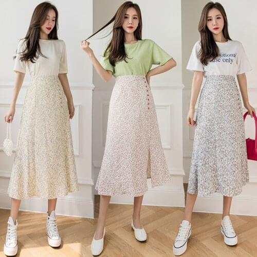 Split Floral Skirt Womens Mid-length Summer 2021 Design Sense Niche A-line High-waisted Slim Long Skirt Jupe