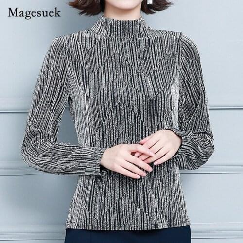 Womens Elegant Sexy Shinny Slim Tops 2021 Autumn New Half High Collar Blouse Bright Silk Mesh Long Sleeve T-shirt Blusas 16735