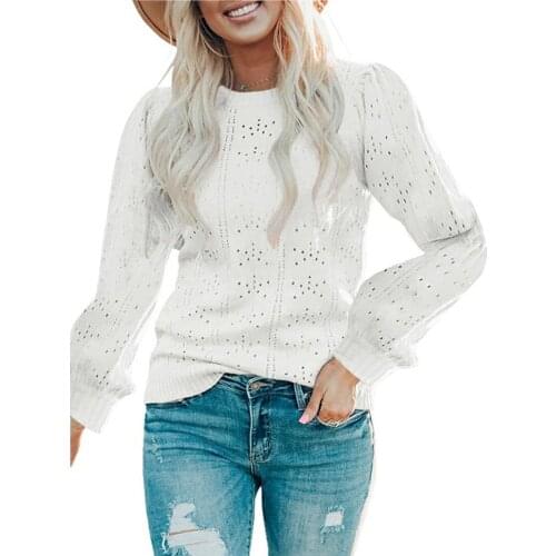 Hollow Out Womens Sweaters 2021 Autumn Solid Blue Knitted Pullovers Top Casual Long Sleeve O Neck Loose Sweaters Knitwear