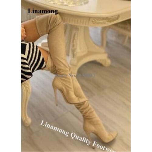 Linamong Sexy Pointed Toe Suede Leather Over Knee Stiletto Heel Boots Beige Red Slim Banded Long High Heel Boots Dress Shoes