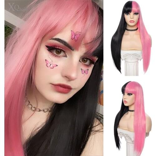 Pink and Black Wig Long Straight Hair Cosplay Wig Two Tone Ombre Color Women Synthetic Hair Wigs