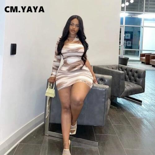 CM.YAYA Women Mini Dress Print One Shoulder Full Sleeve Hollow Out Stretchy Skinny Bodycon Dresses Sexy Night Clubwear Fall 2021