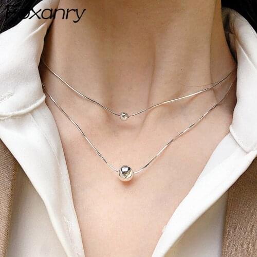 Foxanry Minimalist 925 Sterling Silver Beads Pendant Necklace for Women New Fashion Double-layered Geometric Party Jewelry Gifts