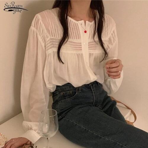 2020 Autumn Puff Sleeve Casual Loose Womens Tops Women Solid O-neck White Shirts Cardigan Cotton Women Blouses Plus Size 11014