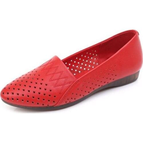 2021 New Spring Pointed Hollow Soft Genuine Leather Shoes Flat Shoes Large Size Soft Bottom Comfort Women Shoes Casual Shoes