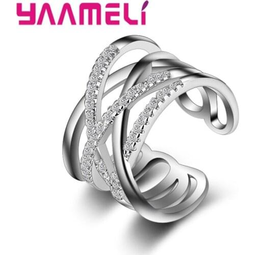 Big Promotions Crossed Design Wide Adjustable Rings Paved Austrian Crystals Opening Ring For Woman Girls 2 Colors