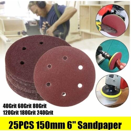 25pcs 6 Inch 150mm Round Sandpaper 6 Hole Disk Sand Sheets Grit 40 60 80 120 180 240 Hook and Loop Sanding Disc Polish