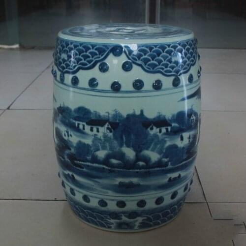 Jingdezhen Ceramic Stool Hand-painted Antique Blue And White Landscape Painting Round Stool Balcony Toilet Stool