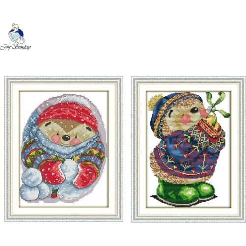 Joy Sunday Cute Hedgehog Canvas DMC Counted Chinese Cross Stitch Kits Printed Cross-stitch Embroidery Set Needlework