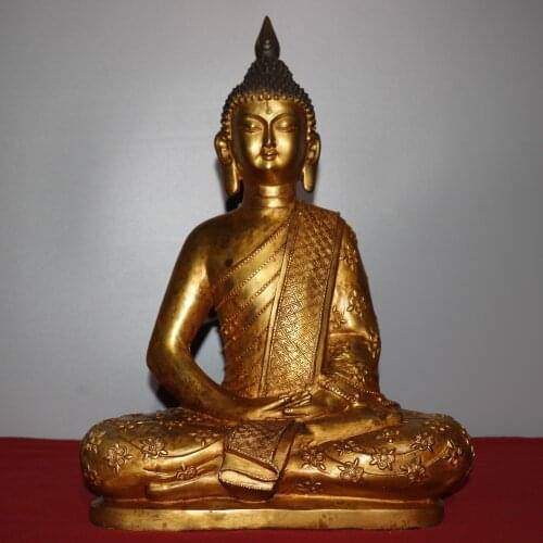 15"Chinese temple collection Old Bronze Gilt Northern Wei Buddha Plum spire Sakyamuni Sitting Buddha Ornaments Town House