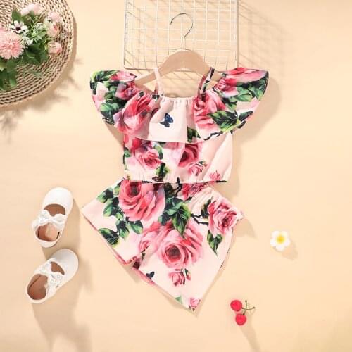 2 Pcs Baby Girl Flower Outfits Summer Clothes Ruffle Short Sleeve + Print Crop Top Elastic Waist Shorts Sweet Style Clothing