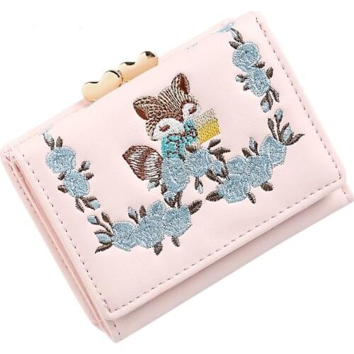 Hot New Womens Wallet Embroidery Flower Cute Fashion Fox Tri-fold Short Scrub Students PU Iron Wallet