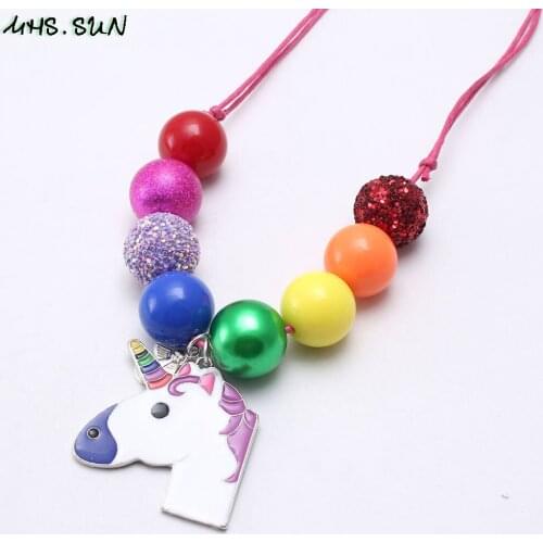 MHS.SUN Cute Unicorn Pendant Baby Girls Chunky Beads Necklace Rainbow Color Child Kids Adjustable Rope Necklace Charm Jewelry