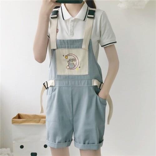 Cute Rabbit Cartoon Shorts Girls Overalls Bunny Embroidery Casual Summer Women Cargo Rompers Kawaii Loose Short Pants Jumpsuit