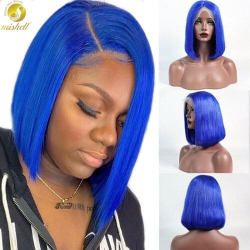 Mishell Blue Short Bob Wig Lace Front Human Hair Wigs For Black Women 13x4 613 Pink Highlight Human Hair Wigs