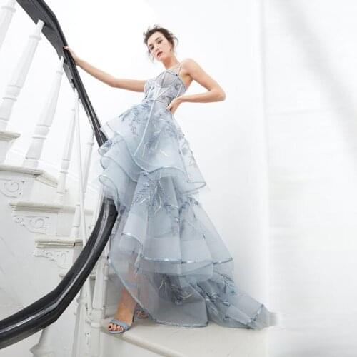 New Fashion Dusty Blue High Low Prom Gowns 3D Flower Lace Ruffles Long Honeymoon Formal Party Dress Vestidos