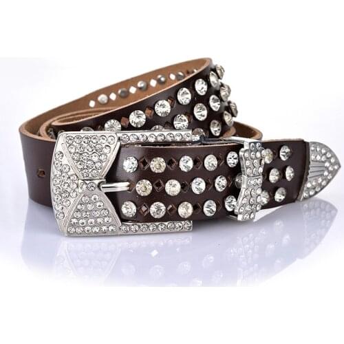 New Women Luxury Belts Good Quality Cowhide Rhinestone Waist Straps Fashion Casual Jeans Belts Popular Lady Genuine Leather Belt